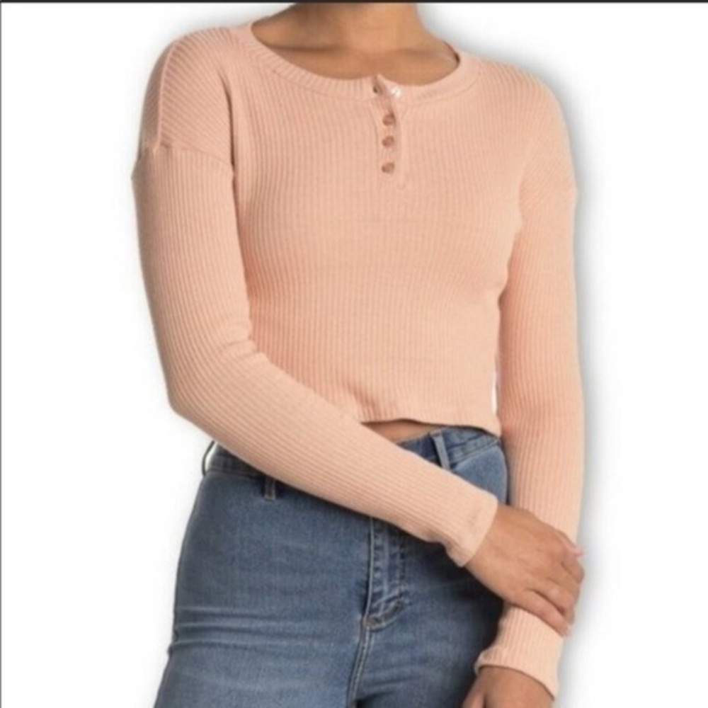 Lush Cafe Creme Ribbed Knit Long Sleeve Cropped Henley Top Sz XL